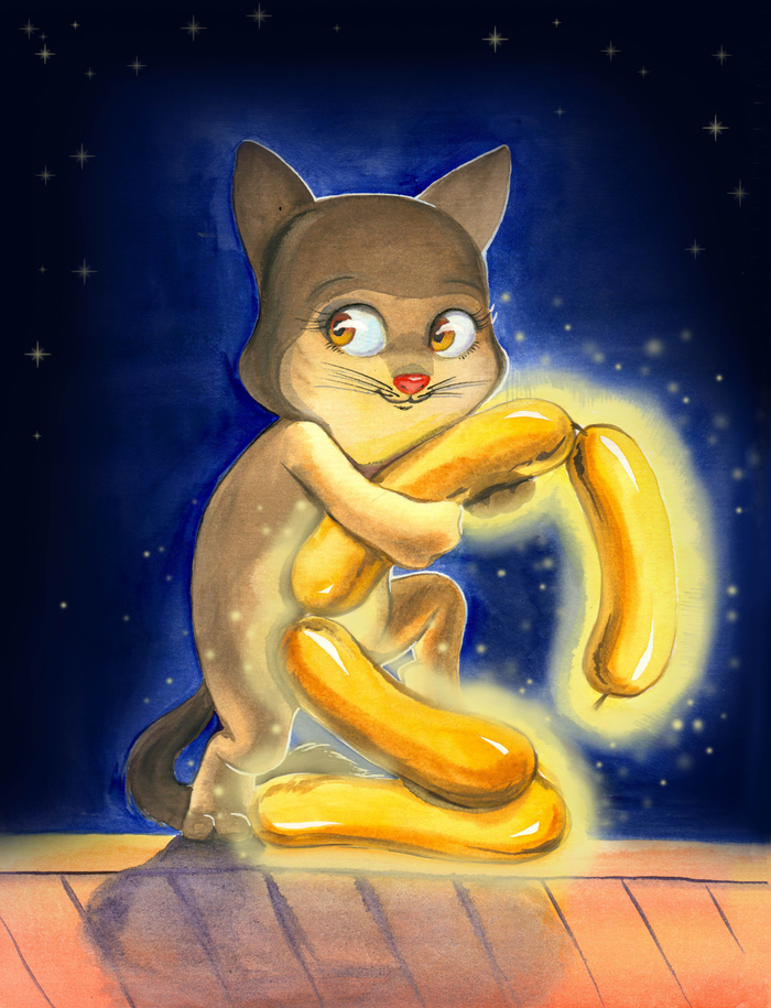 Злые люди бедной киске не дают украсть сосиски!