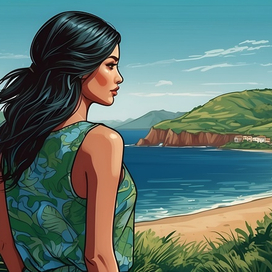 Девушка на фоне океана, зеленых холмов и пляжа