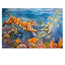 Картина маслом "Тигр и рыбы"