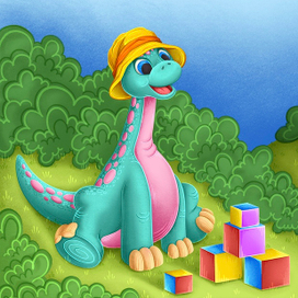 Малыш динозаврик играет в кубики