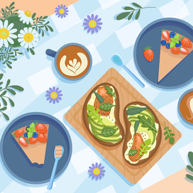 Vector illustration "Delicious breakfast". Top view.