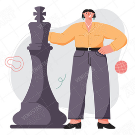 Женский персонаж и шахматная фигура. Векторная иллюстрация