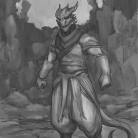 Dragonborn rogue stalking in a desert