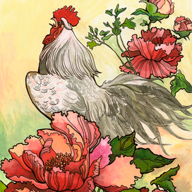 Петух в пионах