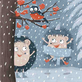 Детская иллюстрация для книг. Ёжики резвятся на снегу.