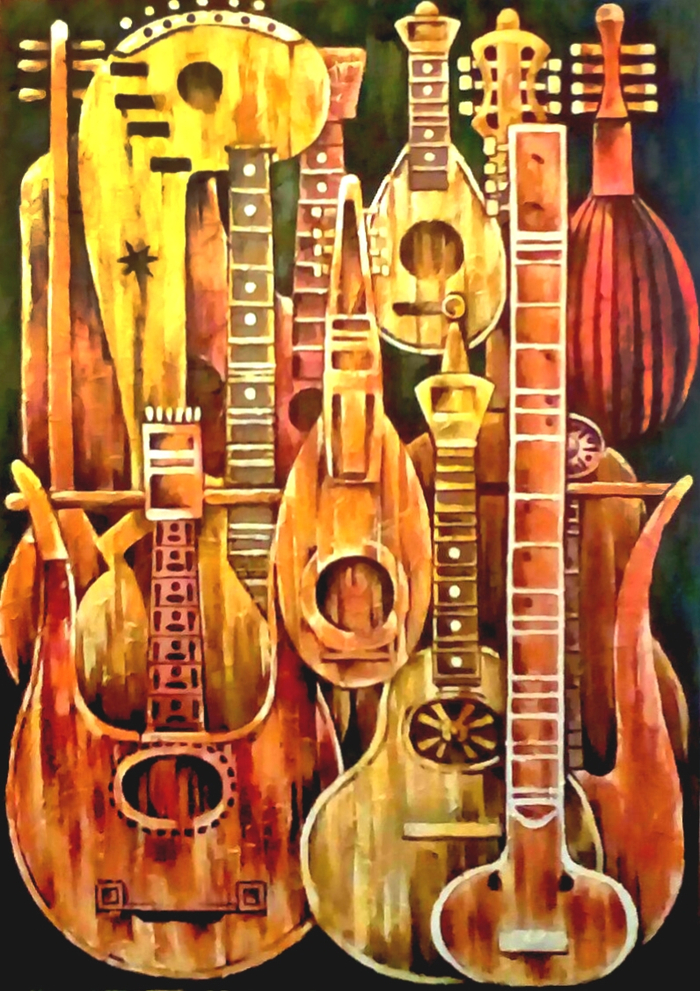 "Струнные инструменты", 100х70 см, холст, акрил. 2016 г. Для музея НММИ-Народный Музей Музыкальных Инструментов.