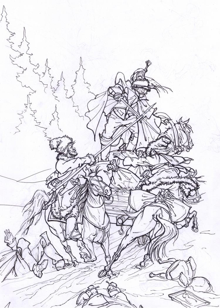 Отступление из России. Нападение казаков на обоз кирасирского полка.