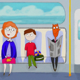 Детская иллюстрация, мальчик едет с бабушкой в метро на тренировку 