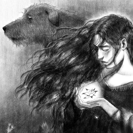 Девушка с цветами и собакой