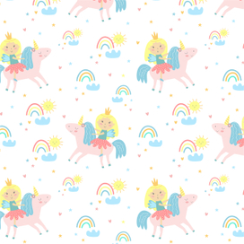 Children pattern. Cute princess and unicorn for childrens illustration, print and fabric. Vector illustration template	