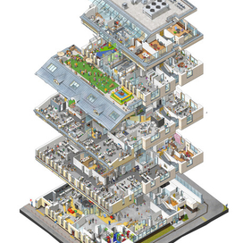 Иллюстрированная изометрическая схема офиса «Инновы»