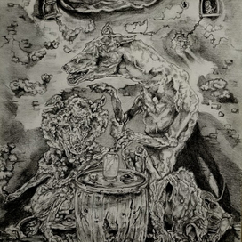 Постапокаплисис , антропоморфные собаки (формаки ) сидят у бочки после патриотического праздника , справа плащь неведомо куда пропавшего Дылды .