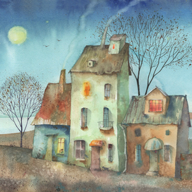 Старый город у моря. Акварель.