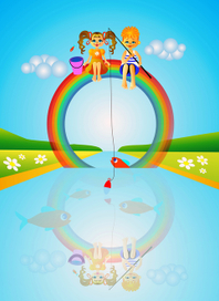 Дети сидят на радуге и ловят рыбу из речки.