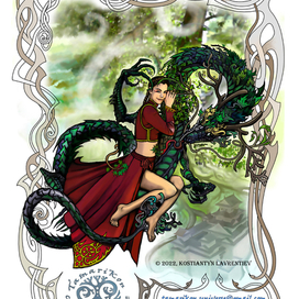 Девушка летит на драконе над храмом