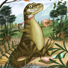 Динозавр чистит зубы