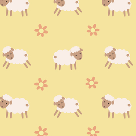 Children's seamless pattern. Cute simple sheep with flowers background for fabric, wrapping, textile