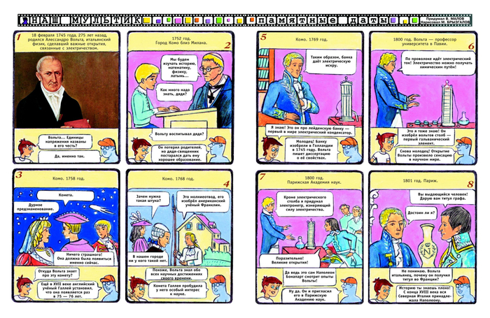 Иллюстрации для детского журнала"А почему?"Рубрика"Наш мультик"(Комикс).Тема: Алессандро  Вольта.