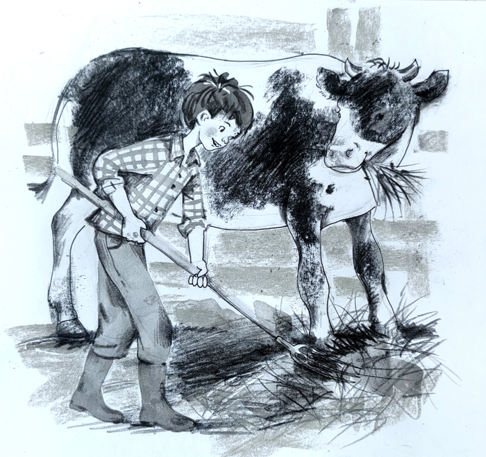 Мальчик работает в хлеву