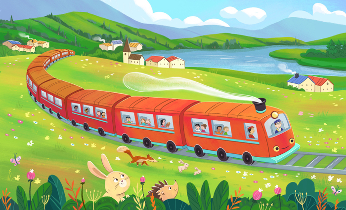 Путешествие на поезде. Книжная иллюстрация 