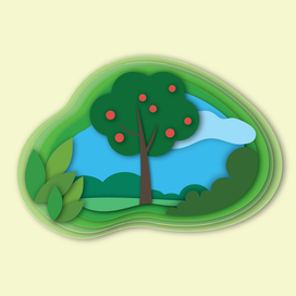 Яблоня, яблоки, дерево, 2D векторная иллюстрация, papercut