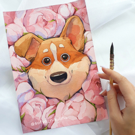 Корги в пионах