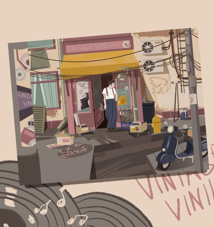 Открытка для магазина виниловых пластинок.