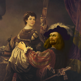 Автопортрет с женой на коленях.