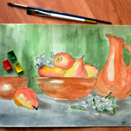 натюрморт с фруктами и посудой