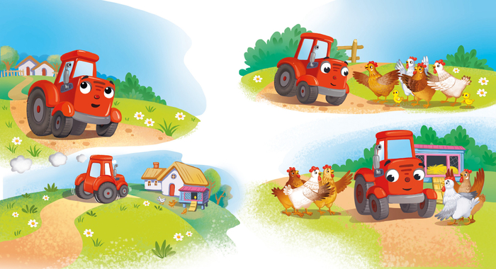 маленький трактор помогает курочкам. издательство Клевер