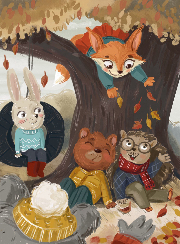 Школьники животные в осеннем лесу