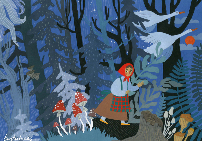 Иллюстрация по мотивам сказки "Гуси-лебеди".