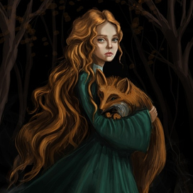 Рыжеволосая девушка с лисой.Растровая иллюстрация.