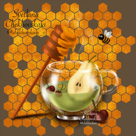Коллекция медовых чаев. Иллюстрация для упаковки. Матча чай с грушей и вишней.