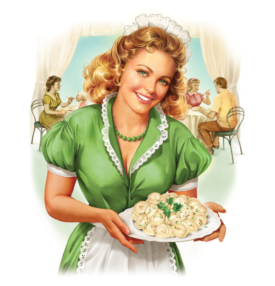 Девушка для упаковки пельменей.