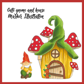 Cute gnome and house. Marker illustration