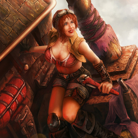 Радостная девушка-механик смотрит в даль.