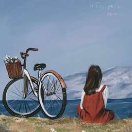 Девушка в красном комбинезоне на берегу моря