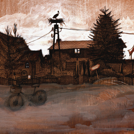 Гнездо аиста в лучах заходящего солнца.