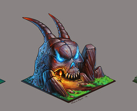 домик, череп и башня