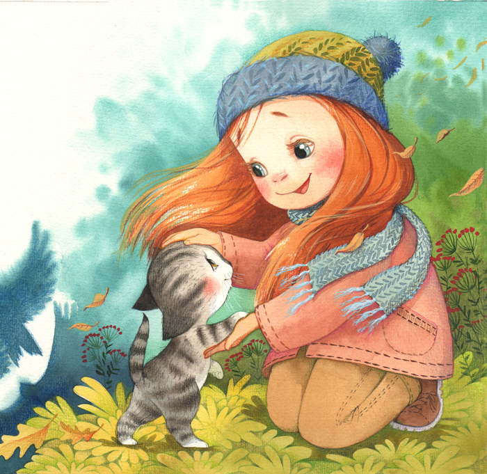 "котёнок нашел друга" из серии иллюстраций для книги Александры Хворост "Давай дружить" для издательства Феникс премьер