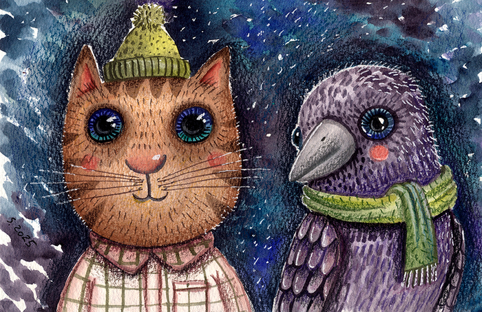 кот и большая птица