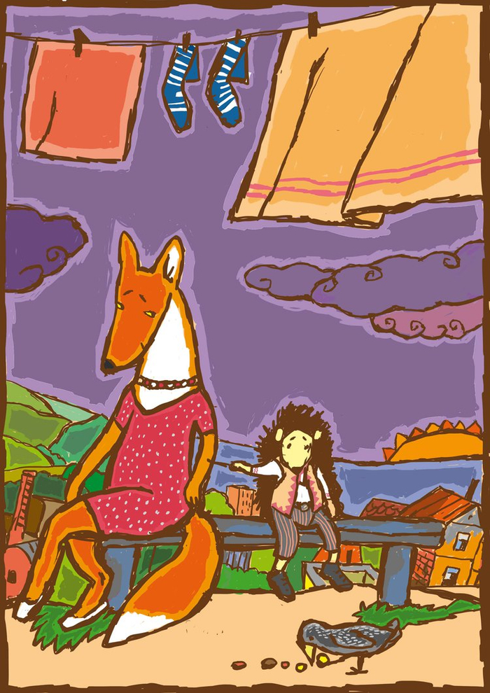 лиса и ёж. он её колет.