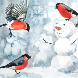 Снегири и снеговик