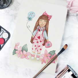 Девочка с шаром акварельная иллюстрация