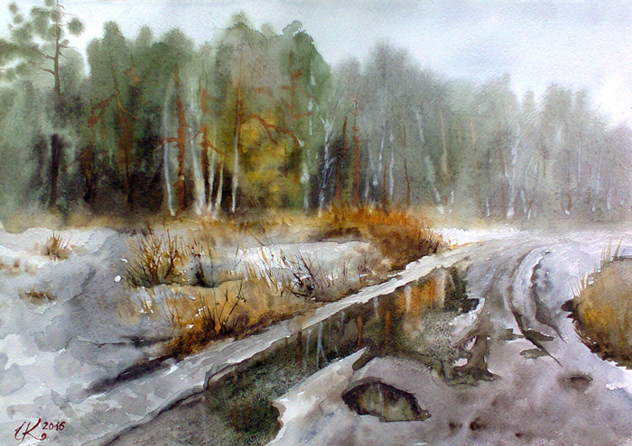 У подножия леса шире растекаются лужи.. 