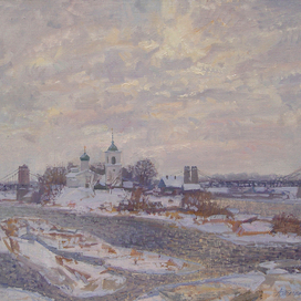 Вид города Острова с Никольским храмом на островке и подвесными мостами