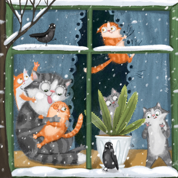 Кошка с котятами у окошка