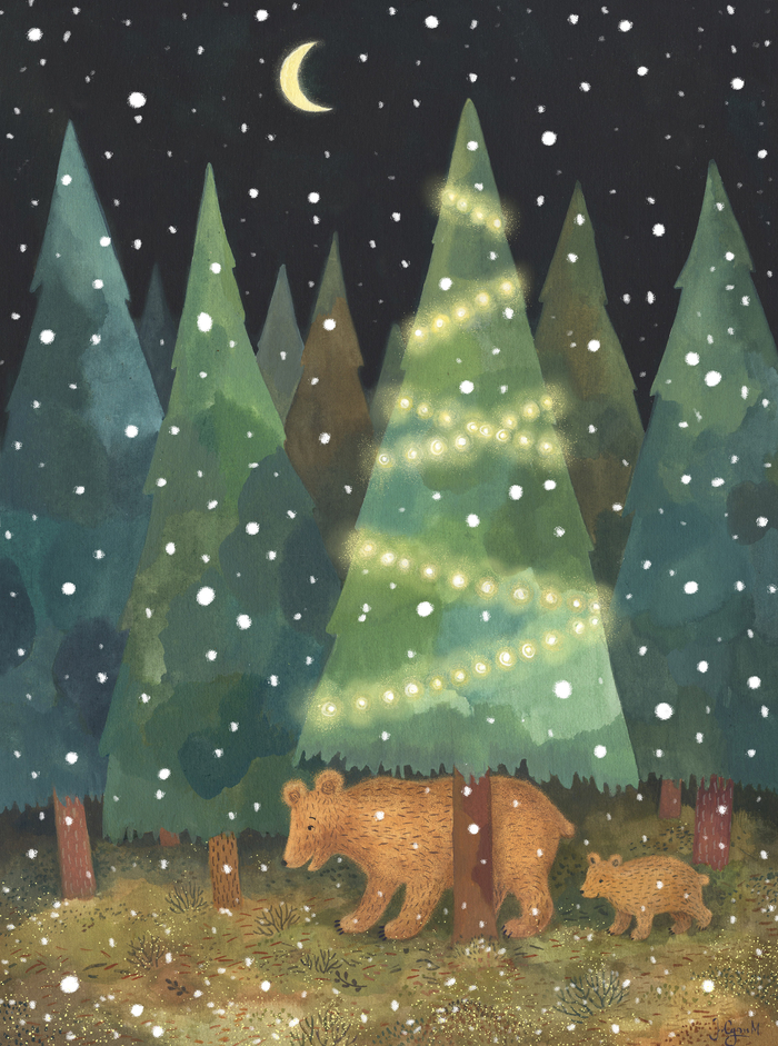 Медведи в волшебном лесу. Акварель.