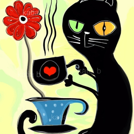 Black cat with cup of coffee